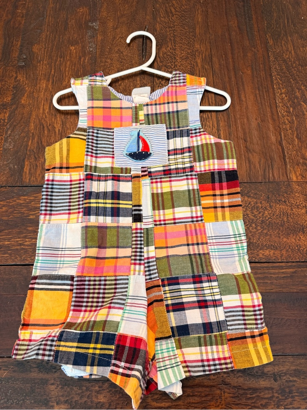 Multicolor Plaid Patchwork Romper with Sailboat Patch
